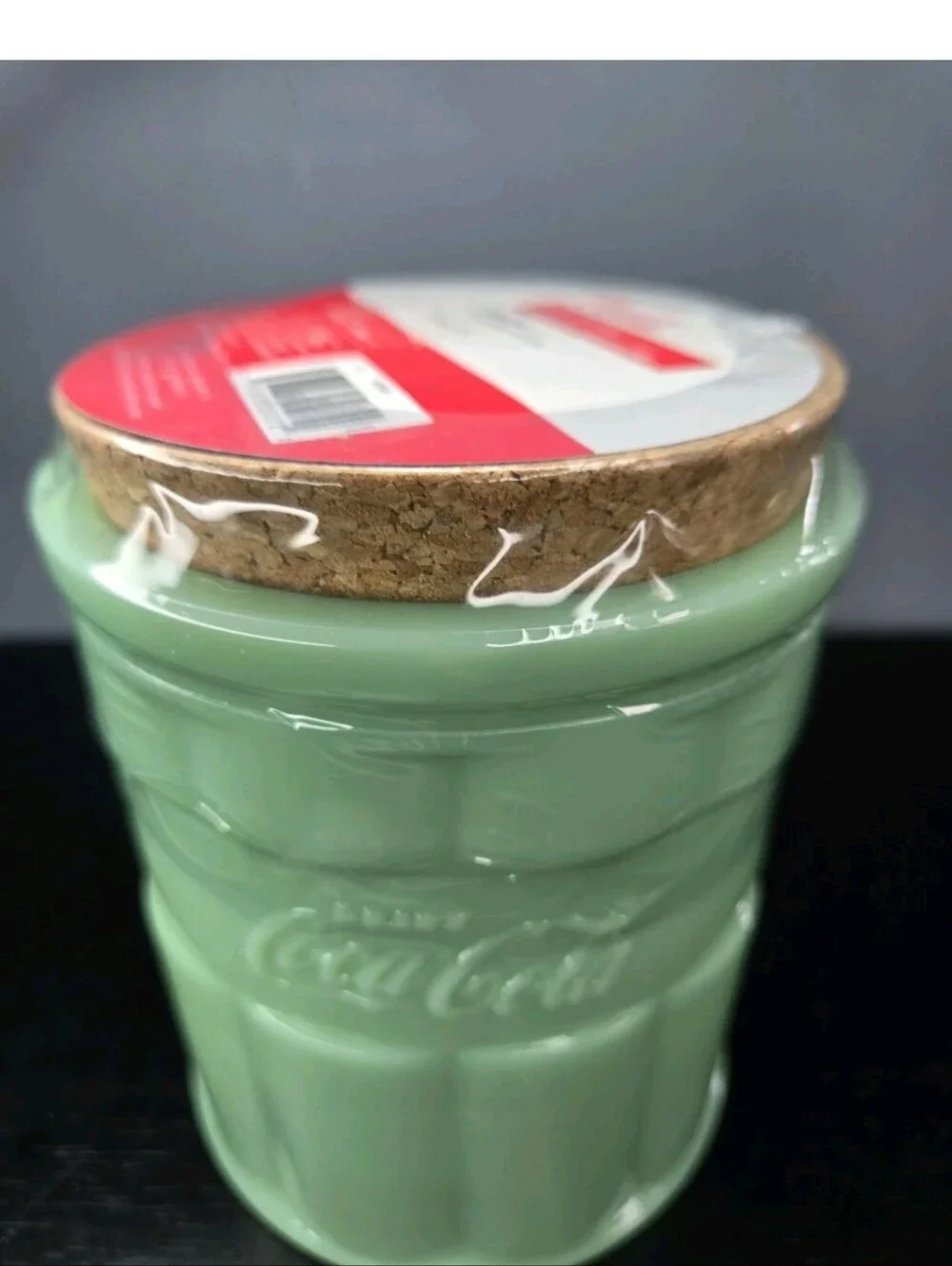 Green Jadeite Coca-Cola Glass Kitchen Canister New/Sealed 24oz w Cork Lid
